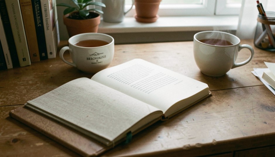 Writing desk in morning light with an open cloth notebook, a translated discourse face down on its spine and a cup of tea going cool