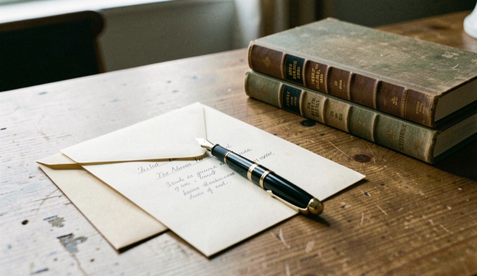 An envelope and a fountain pen resting on a wooden desk beside a small stack of cloth bound translations in soft afternoon light