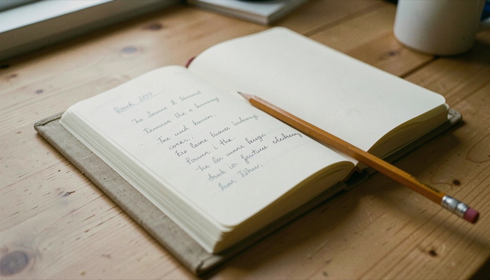 Cloth bound notebook lying open to a page of short dated handwritten lines with a pencil resting in the fold on a quiet wooden desk