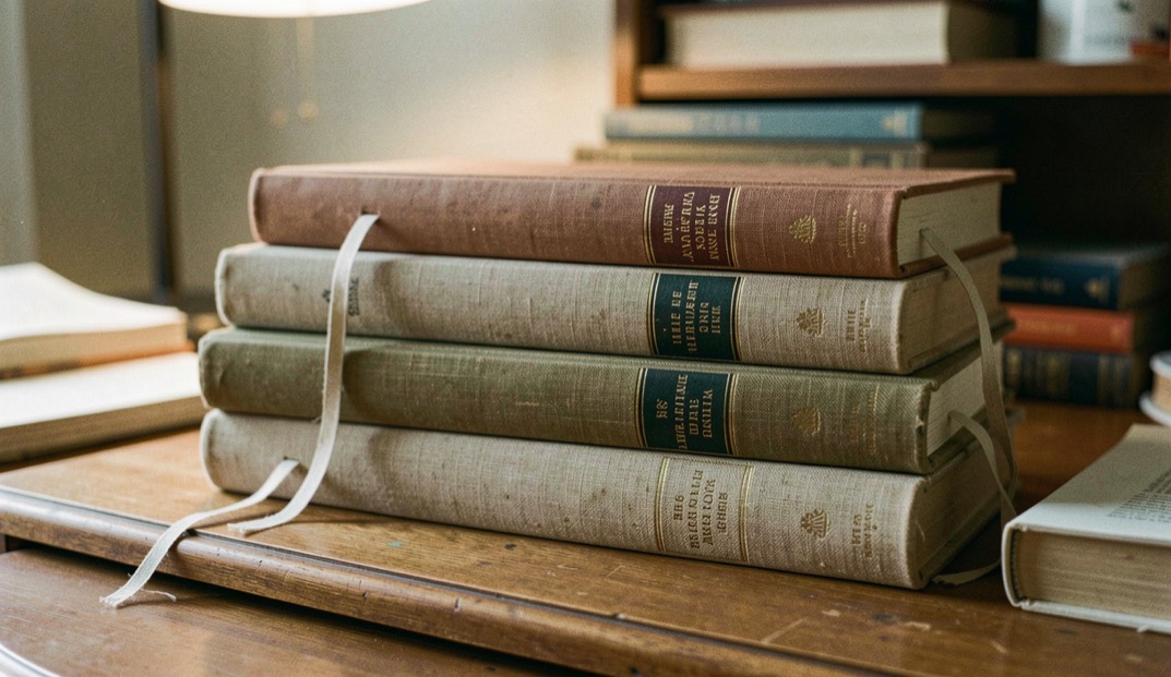 Five slim cloth bound volumes stacked on a reading desk with thin cloth bookmarks trailing from each spine in soft lamp light