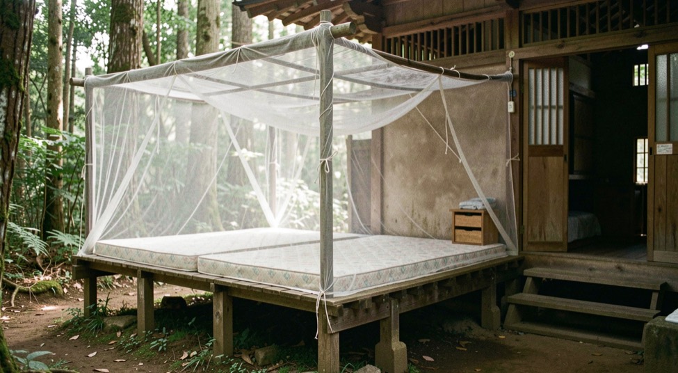 Simple guest dormitory at a forest temple with a thin mattress on a raised wooden platform and a mosquito net tied above it