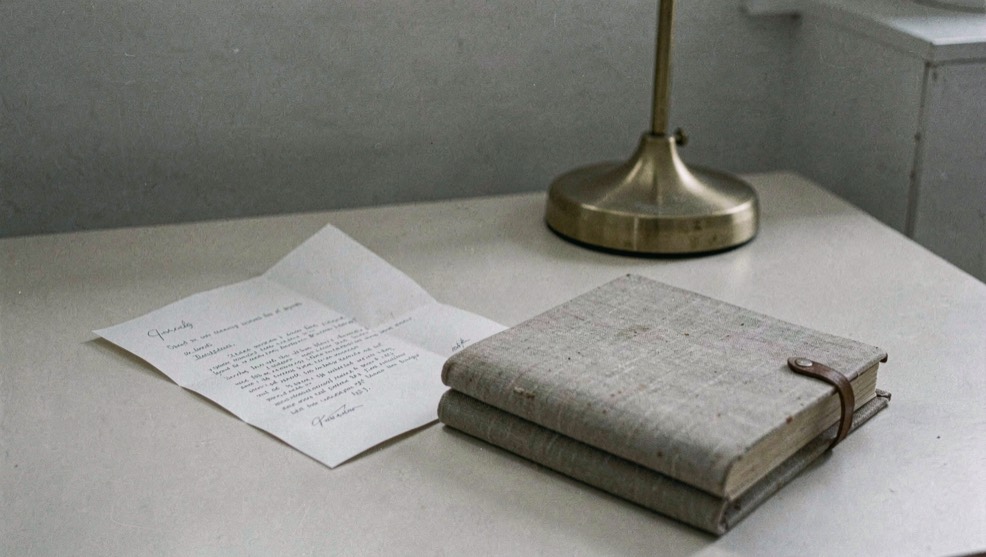 A folded letter and a closed cloth notebook on a plain desk with a brass lamp switched off in even grey daylight