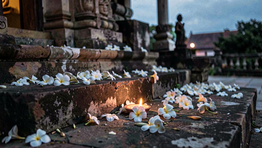 Fallen white frangipani blossoms scattered on worn stone temple steps at dusk, with one small oil lamp burning among them under a soft blue evening sky