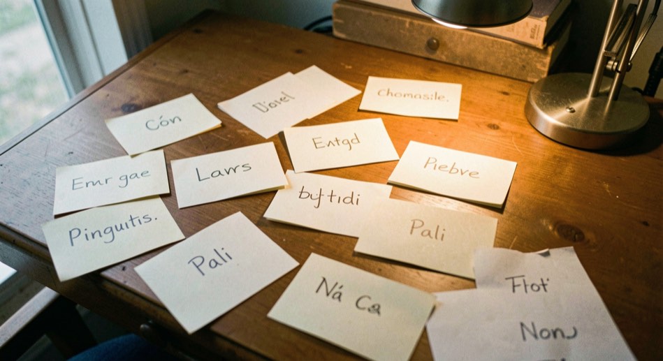 Index cards spread across a wooden desk with a Pali word in careful handwriting on each and a small reading lamp warming the paper