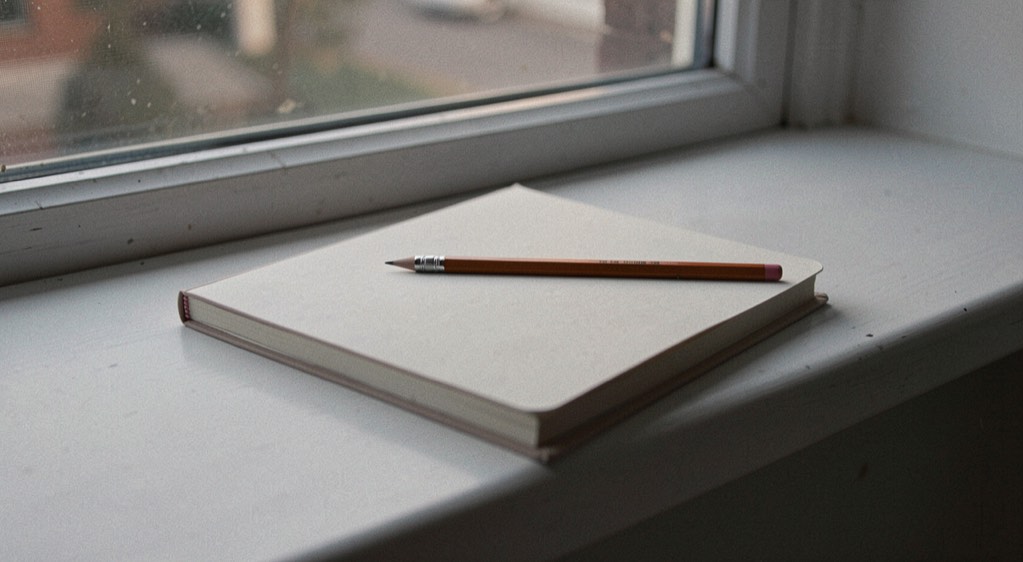 A closed notebook with a pencil laid across it on a bare windowsill in quiet evening light, nothing else on the sill
