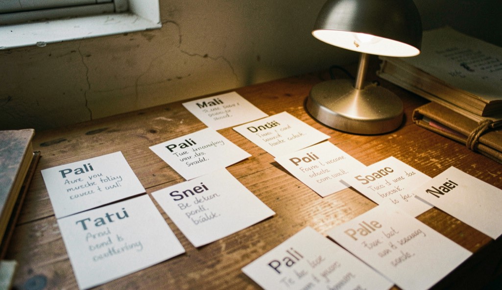 Handwritten index cards with Pali words and short English notes spread across a wooden desk under a small reading lamp
