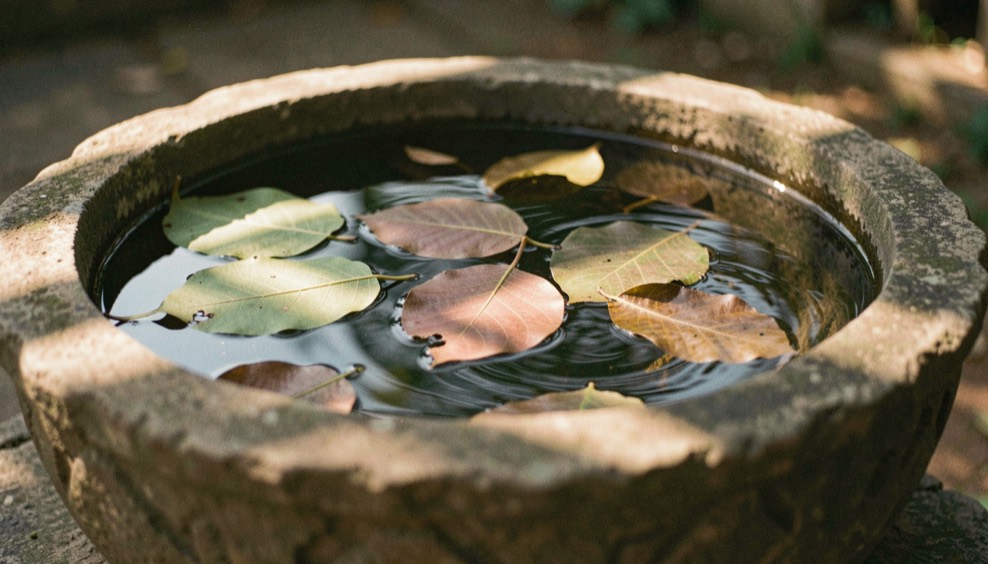 Still water in a stone basin holding a few fallen bodhi leaves with late sun crossing the surface in long warm bands