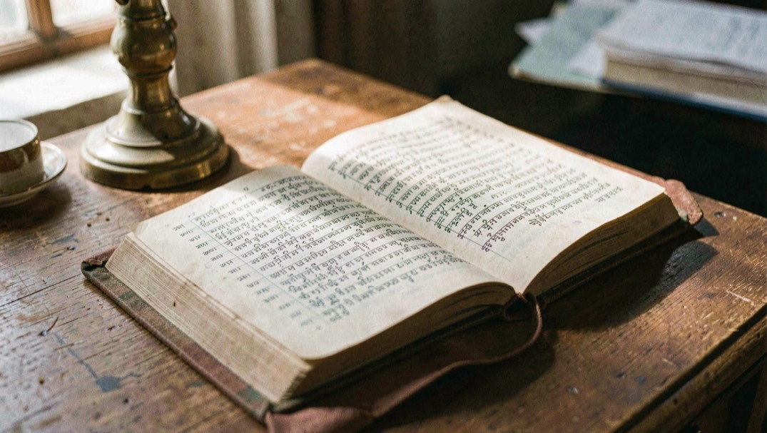 Open cloth bound book with thin pages of Pali script resting on a reading desk beside a brass paperweight in warm afternoon light