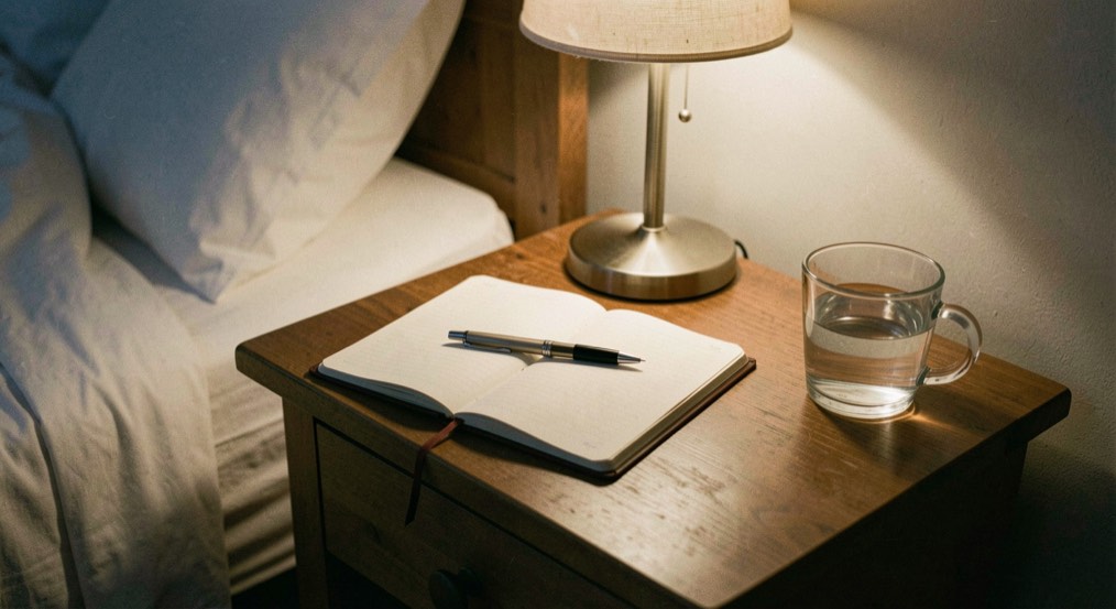 A small bedside table at dusk, with a glass of water, a closed notebook and a low lamp, shot from the side at eye level in warm indoor light.