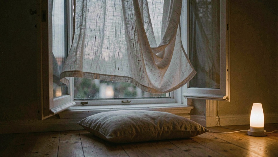 Open window at dusk with a linen curtain moving slightly inward above a cushion on a wooden floor and a cool lamp switched on nearby