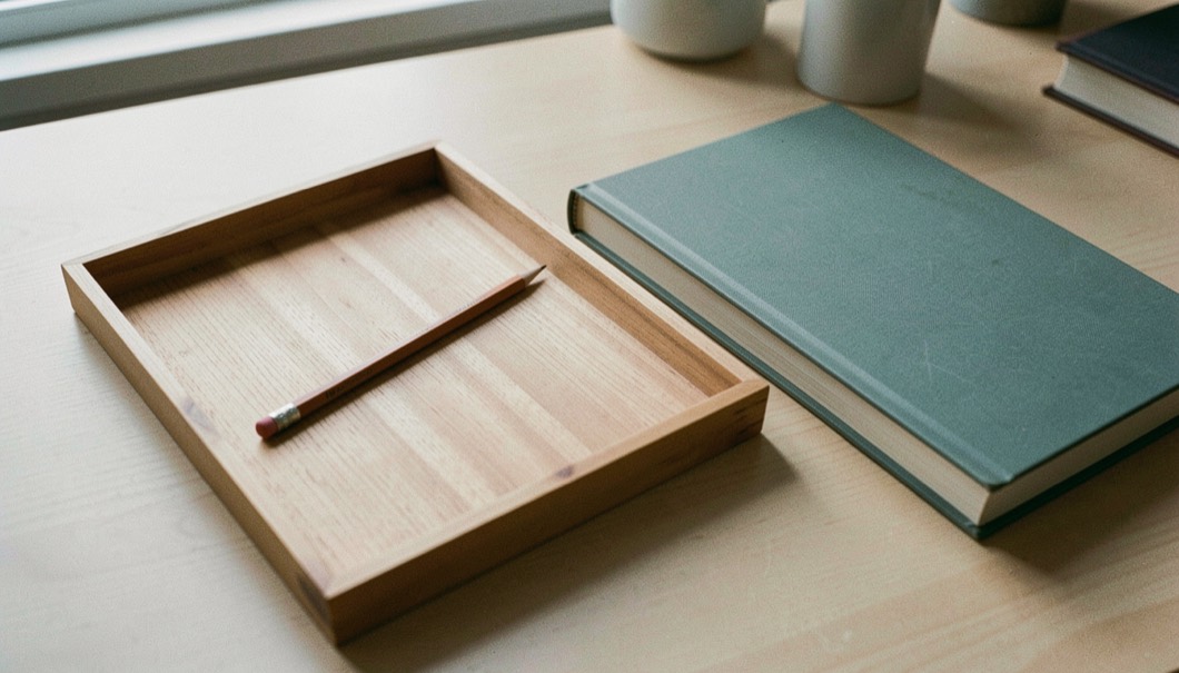 An empty wooden tray beside a closed notebook on a desk, with a single unbarked pencil lying across the tray in plain light