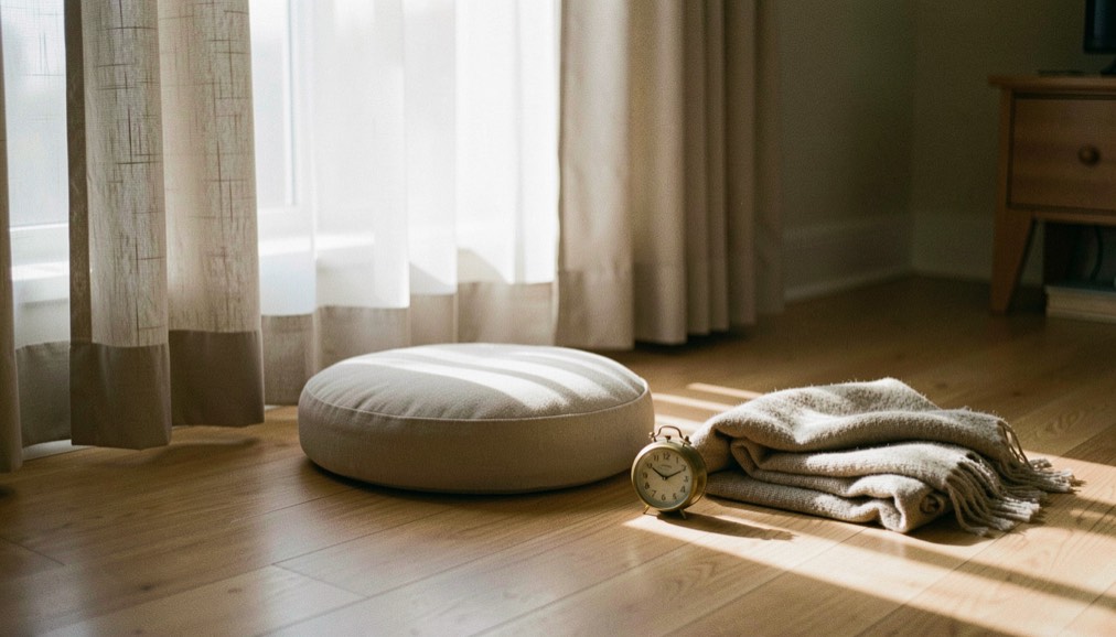 Single round cushion on a bedroom floor beside a small brass timer with a folded shawl, first light falling across unopened curtains